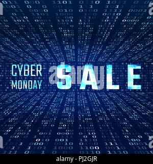 Cyber Monday Verkauf Banner mit Glitch Wirkung auf binären Code Hintergrund. Vector Illustration Stock Vektor