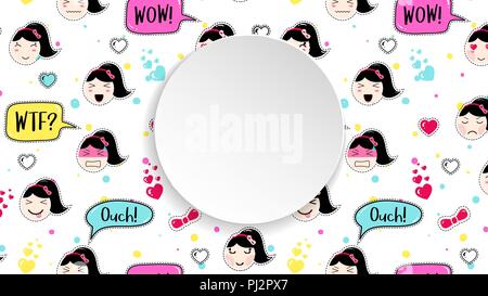 Mädchen Banner mit Anime emoji Muster. Süße Aufkleber mit emotico Stock Vektor