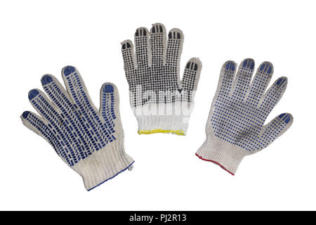 Schutzhandschuhe für manuellen Arbeit, mit unterschiedlichen Formen von Gummi Punkte auf die Seite, bunte Grenzen der Manschette. auf weissem, Beschneidungspfade isoliert Stockfoto