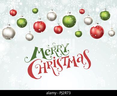 Happy holidays Grußkarte. Bunt und hell Frohe Weihnachten Kugeln mit Schneeflocken auf blauem Hintergrund. Moderne Kalligraphie mit Weihnachten Kugeln h Stock Vektor