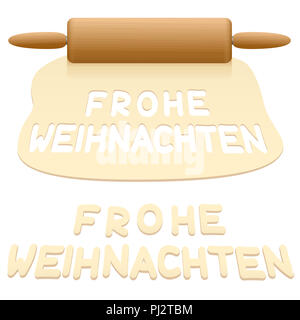 Frohe Weihnachten Plätzchen, das Sie aus Teig sagen FROHE WEIHNACHTEN in deutscher Sprache. Stockfoto