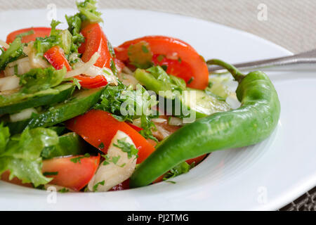 Gesunde natürliche Lebensmittel, frischer Salat mit Gemüse in der Platte - Gurken, Tomaten, grüne, hautnah. Geringe Tiefenschärfe. Konzept des Vegetarismus Stockfoto