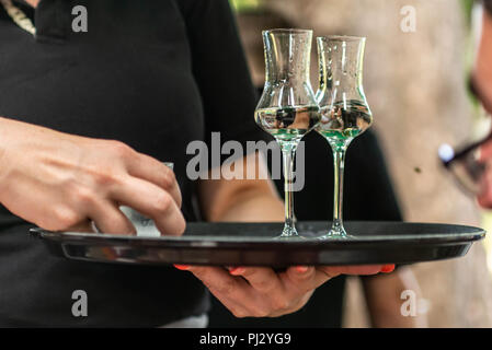 Zwei Gläser Schnaps oder Grappa auf einer Platte in einem deutschen Biergarten eines Weinbergs serviert. Stockfoto