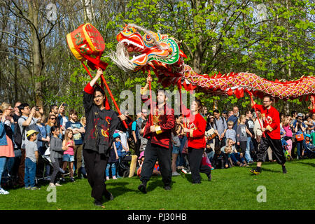 BERLIN, 15. APRIL 2018: Sakura Blüte Tag. Park "Gärten der Welt" (Gaerten der Welt"). Dragon dance. Traditionelle Chinesische Kunst. Stockfoto