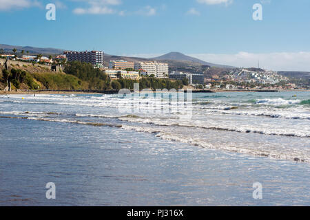 Strand und Meer in Playa del Ingles, Gran Canaria, Kanarische Inseln, Meer, Hotels, Strand, selektiven Fokus Stockfoto