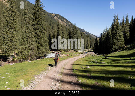 Altyn-Arashan, Kirgisistan, 14. August 2018: ein Reiter reitet einsam auf einem Weg im Tal des Altyn-Arashan in Kirgisistan Stockfoto