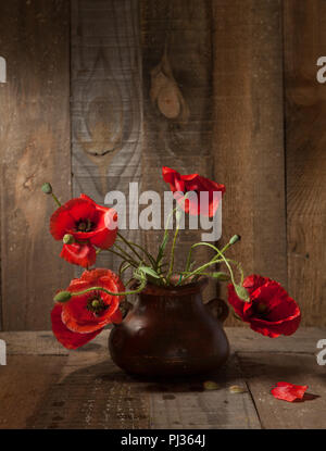 Mohn in Lehmtöpfen gegen alte Holzwand Stockfoto