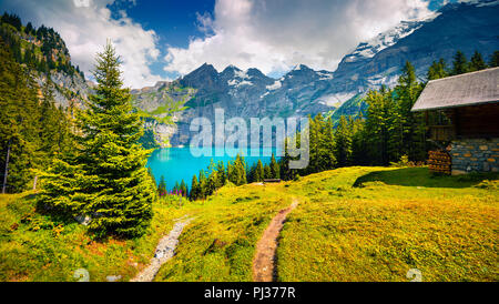 Bunte Sommermorgen auf einzigartigen See - Oeschinensee (Oeschinensee), UNESCO-Weltkulturerbe. Schweiz, Europa. Stockfoto