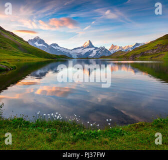 Wetterhorn und Wellhorn Spitzen in Wasser Oberfläche der Bachsee Sees spiegelte. Farbenfrohe Sommer Sonnenaufgang in Berner Oberland Alpen, Innertkirchen, Schweiz Stockfoto