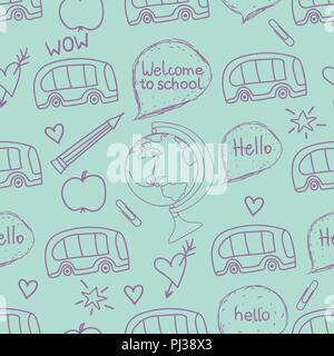 Zurück zu Schule nahtlose Muster. Vektor handgezeichnete Abbildung von Symbolen. Stock Vektor