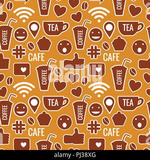 Nahtlose Muster der Cafe. Vector Illustration von Aufklebern auf braunem Hintergrund isoliert. Stock Vektor