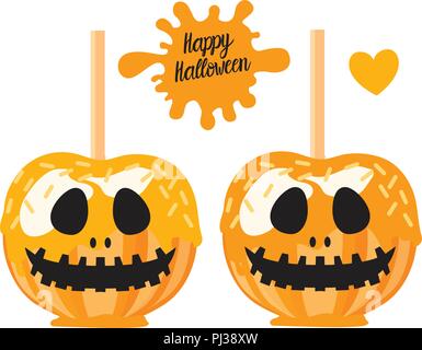 Orange candy auf einem Stick mit einer Glasur von Karamell in Form von einem Kürbis Jack. Happy Halloween Dessert. Vector Illustration auf weißem Hintergrund. Stock Vektor