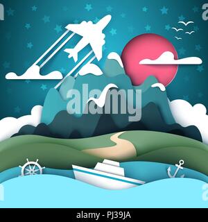 Cartoon Papier Landschaft. Berg, Schiff, Anker, Handrad, Flugzeug. Stock Vektor