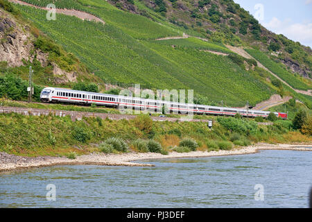 Personenzug gezogen von DB101 Klasse elektrische Lokomotive entlang des Rheins in Richtung Spay, gegenüber Osterpai, mit Weinbergen im Hintergrund Stockfoto