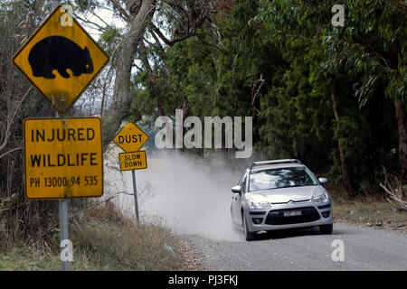 Vorsicht vor Wombats, Staub, ländlichen Verkehrszeichen, Victoria, Australien Stockfoto