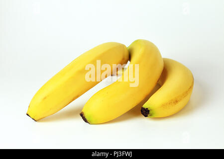 Eine Gruppe von drei gelben Cavendish Bananen Rest mit der Vorderseite nach unten auf einem weißen Hintergrund. Stockfoto