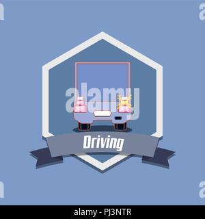 Laufwerk sicher design Emblem mit Cargo LKW-Symbol auf blauem Hintergrund, farbenfrohen Design Vector Illustration Stock Vektor