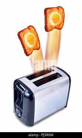 Toaster flying hogh sunny side up egg Toast. Stockfoto