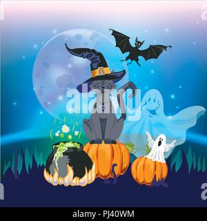 Cartoon süße Katze Charakter in eine Hexe s Hut mit einem Schädel capkake und ein Halloween Hexe s Kessel. Geister, bat und Mond. Stock Vektor