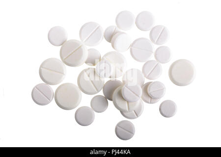 Weiße Pille Kapsel auf weißem Hintergrund. Ansicht von oben. Flach Stockfoto