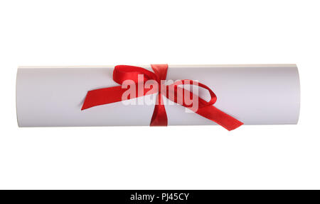 Diploma with red ribbon isolated on white background. Top view. Flat lay Stockfoto