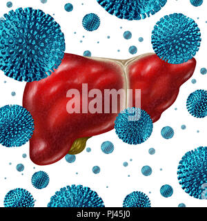 Hepatitis C Erkrankung Konzept, wie eine Gruppe von dreidimensionalen menschlichen Virus Zellen auf eine menschliche Leber als medizinische Illustration für eine virale Infektion. Stockfoto
