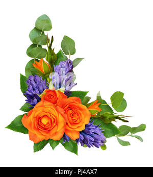 Orange Rosen und Hyazinthen Blumen mit Eukalyptus Blätter in einer Ecke Blumenschmuck auf weißem Hintergrund. Flach. Ansicht von oben. Stockfoto