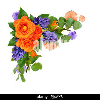 Orange Rosen und Hyazinthen Blumen mit Eukalyptus Blätter und Farbe BLOTS in einer Ecke Blumenschmuck auf weißem Hintergrund. Flach. Top vi. Stockfoto