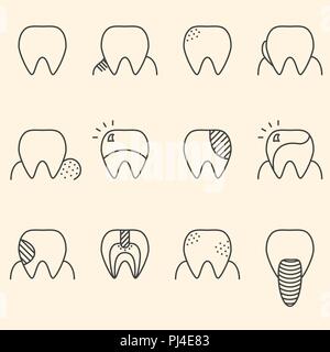 Satz von minimalistischer Zähne Abbildung mit verschiedenen Krankheiten Stock Vektor