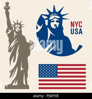 Die Freiheitsstatue. New Yorker Wahrzeichen. Amerikanische Symbol. Amerikanische Flagge Stock Vektor