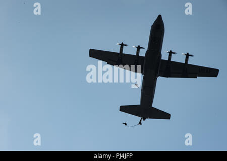 Der rumänischen Luftwaffe Fallschirmjäger springen aus der US Air Force C-130J Super Hercules Flugzeuge an der 37th Airlift Squadron, Air Base Ramstein, Deutschland, über boboc Air Base, Rumänien, 23.08.2018, vergeben. Die fallschirmabwürfen waren Teil der Übung Karpaten Sommer 2018 ein bilaterales Training übung für die Interoperabilität und die Bereitschaft der Kräfte durch die Durchführung von kombinierten Luft Operationen mit der Rumänischen Luftwaffe zu verbessern. (U.S. Air Force Foto von älteren Flieger Devin Boyer) Stockfoto