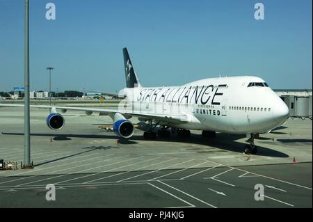 United Airlines Boeing 747 N121UA bei Beiging Capital Airport, China Stockfoto