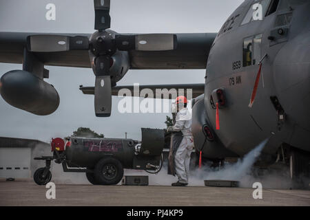 Senior Airman Brandon M. Acks, Crew Chief in die 179Th Airlift Wing Instandhaltungsgruppe zugeordnet, Minen die C-130H Hercules mit flüssigem Sauerstoff (LOX) August 30, 2018, an der 179th Airlift Wing, Mansfield, Ohio. Die C-130H Hercules fasst 24 Liter LOX und wird verwendet, um Luft Crew zu gewährleisten haben Sauerstoff beim Fliegen in großer Höhe. (U.S. Air National Guard Foto von Airman Alexis Furt) Stockfoto