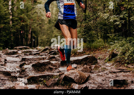 Mann Läufer in Kompression Socken, die auf Spuren von Stein Herbst Wald Stockfoto