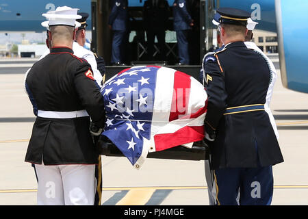 Mitglieder des gemeinsamen Ehrengarde eine würdige Übergabe der Überreste von Senator John McCain zu einer Boeing C-32 Flug in Barry Goldwater California Air National Guard Base in Phoenix 30. August. Die Arizona National Guard militärischen Ehren platoon zur Verfügung würdige Übertragungen von der Senator bleibt zum und vom Capitol Building und Arizona Luft Wachposten seine würdige bei der Barry Goldwater California Air National Guard base erleichtert. (Arizona National Guard Foto: Staff Sgt. Adrian Borunda) Stockfoto