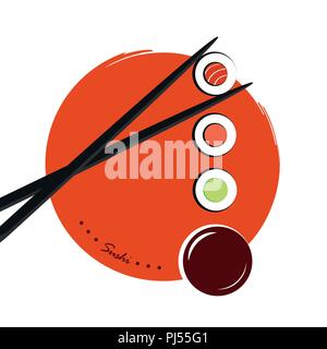Bunte Sushi Set von verschiedenen Arten Essstäbchen und Sojasauce Vektor-illustration EPS 10. Stock Vektor