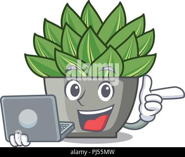 Mit laptop Charakter cartoon Topfpflanze echeveria Cactus Stock Vektor