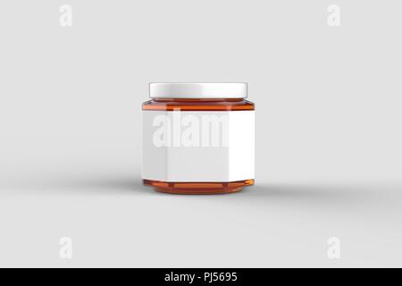 Honig im Glas mock up auf weichen grauen Hintergrund mit weißem Label isoliert. 3D-Darstellung. Stockfoto