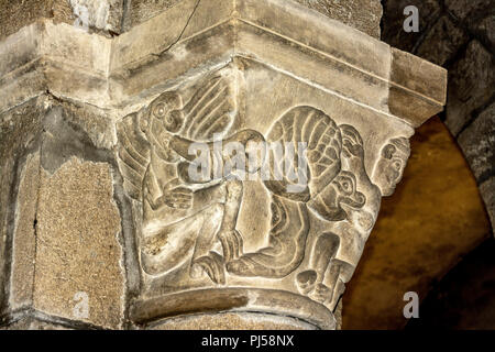 Langogne, romanische Kapitelle von Saint Gervais und Sankt Protais Kirche, Lozère, Royal, Frankreich, Europa Stockfoto