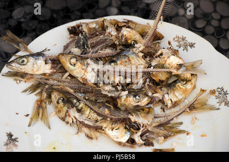 Dutzend von zu Hause vorbereitet gegessen gegrillte Sardinen Köpfen und Knochen auf eine Platte, sehr gesund, schmackhaft und preiswert Mediterrane Fisch, ein reichhaltiges Essen für die Armen Stockfoto