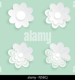 Satz von vier Blume Vektorsymbol, weiße Blume auf dem Grün pastell Hintergrund, Papier schneiden von Blume, Logo der Valentinstag und Liebe Symbol. Stock Vektor