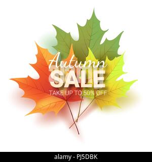 Blätter im Herbst. Farbenfrohe herbst Eichenlaub. Vorlage für Plakate. Saisonale Angebote im Shop. Vector Illustration Stock Vektor