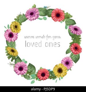 Designer vector Aquarell Blumen frame Kranz. Farbige Gerbera, Eukalyptus- und Rosenblüten, wächsernen Blumen auf weißem Hintergrund Stock Vektor