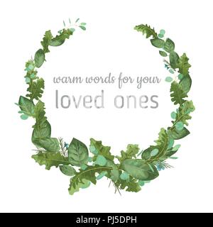 Laub Vektor aquarell Muster Kranz Rahmen. Blätter von Gerbera, Rosen und Eukalyptus Zweige, wachs Blumen auf weißem Hintergrund Stock Vektor