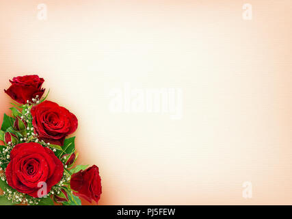 Ecke Anordnung mit roten Rosen und gypsophila Blumen und Blüten sowie deren Knospen auf Papier Hintergrund. Flach. Ansicht von oben. Stockfoto