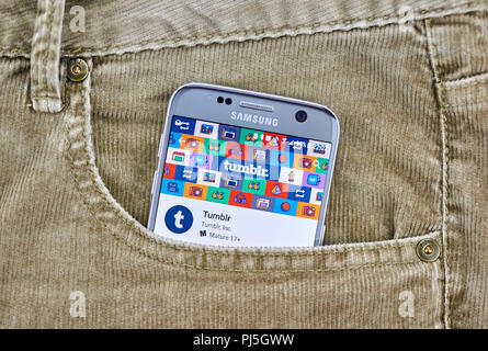 MONTREAL, KANADA - 10 AUGUST 2018: Tumblr app auf ein Handy Display in Jeans Tasche. Tumblr ist eine Microblogging und Social Networking Website founde Stockfoto