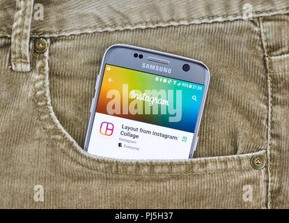 MONTREAL, KANADA - 10 AUGUST 2018: Instagram app auf ein Handy Display in Jeans Tasche. Instagram ist ein Foto- und Video-Sharing-social networking se Stockfoto