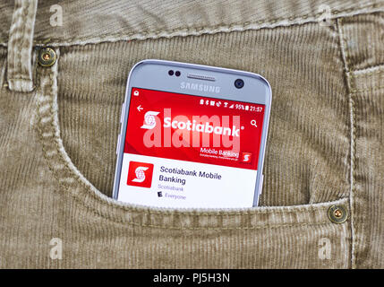 MONTREAL, KANADA - 10 AUGUST 2018: Scotiabank app auf ein Handy Display in Jeans Tasche. Die Bank of Nova Scotia als Scotiabank Französisch: Ba Stockfoto