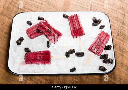 Frozen blackberry Pops mit Beeren auf Fach von Eis Stockfoto