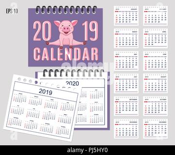 Kalender 2019 mit cute Cartoon piggy auf der Abdeckung an. Der 12-Monats-isolierte Seiten und volle Kalenderjahr 2019, 2020. In englischer Sprache. Woche st Stock Vektor